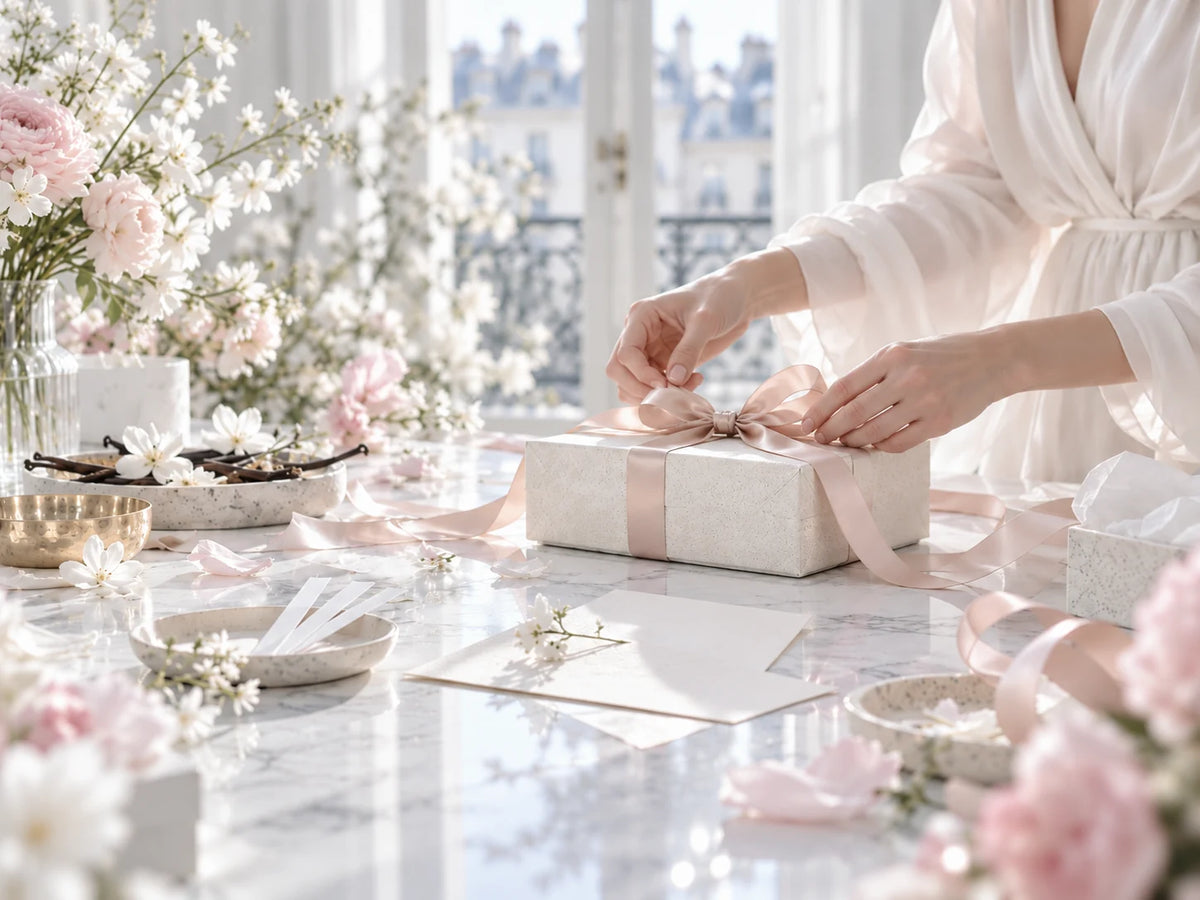 Juliette Has a Gun editorial gift wrapping in a bright minimalist Parisian atelier, soft pink ribbon, cream flowers and marble