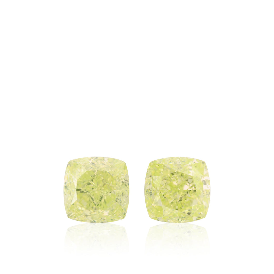 2.03 Carat Fancy Intense Yellow Green Cushion Diamonds VS2 GIA Pair