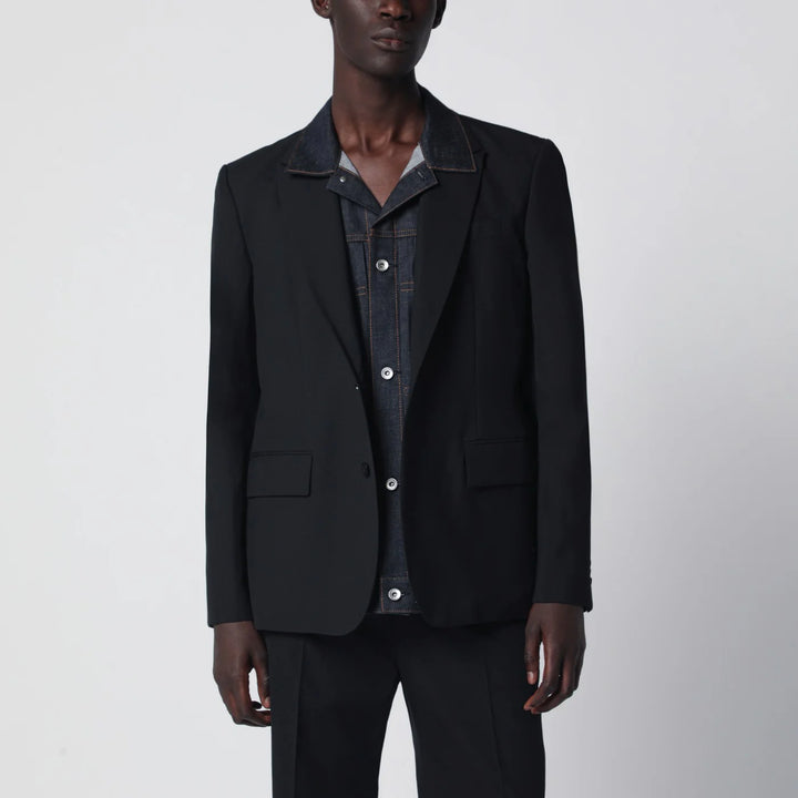 Sacai - Black single-breasted jacket with denim insert