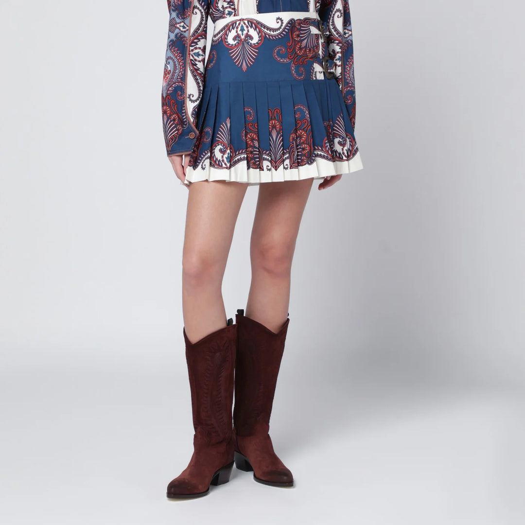 FARM Rio - Deep blue and sand pleated mini skirt with arabesque print