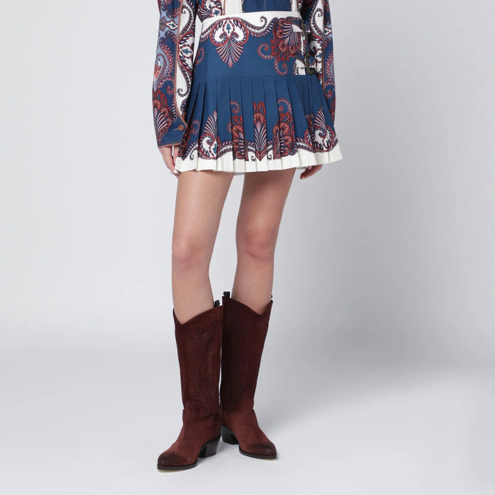 FARM Rio - Deep blue and sand pleated mini skirt with arabesque print