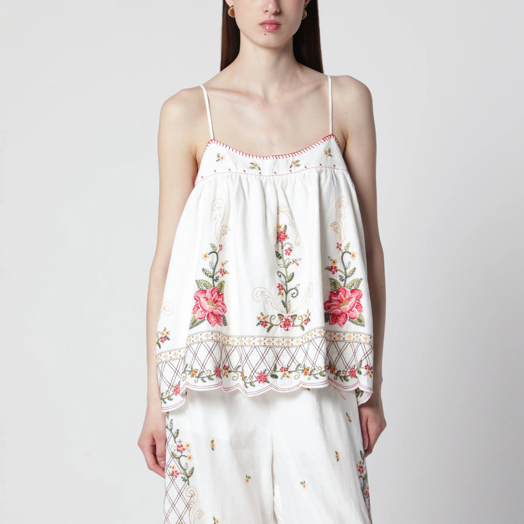 FARM Rio - Linen-blend top with floral embroidery