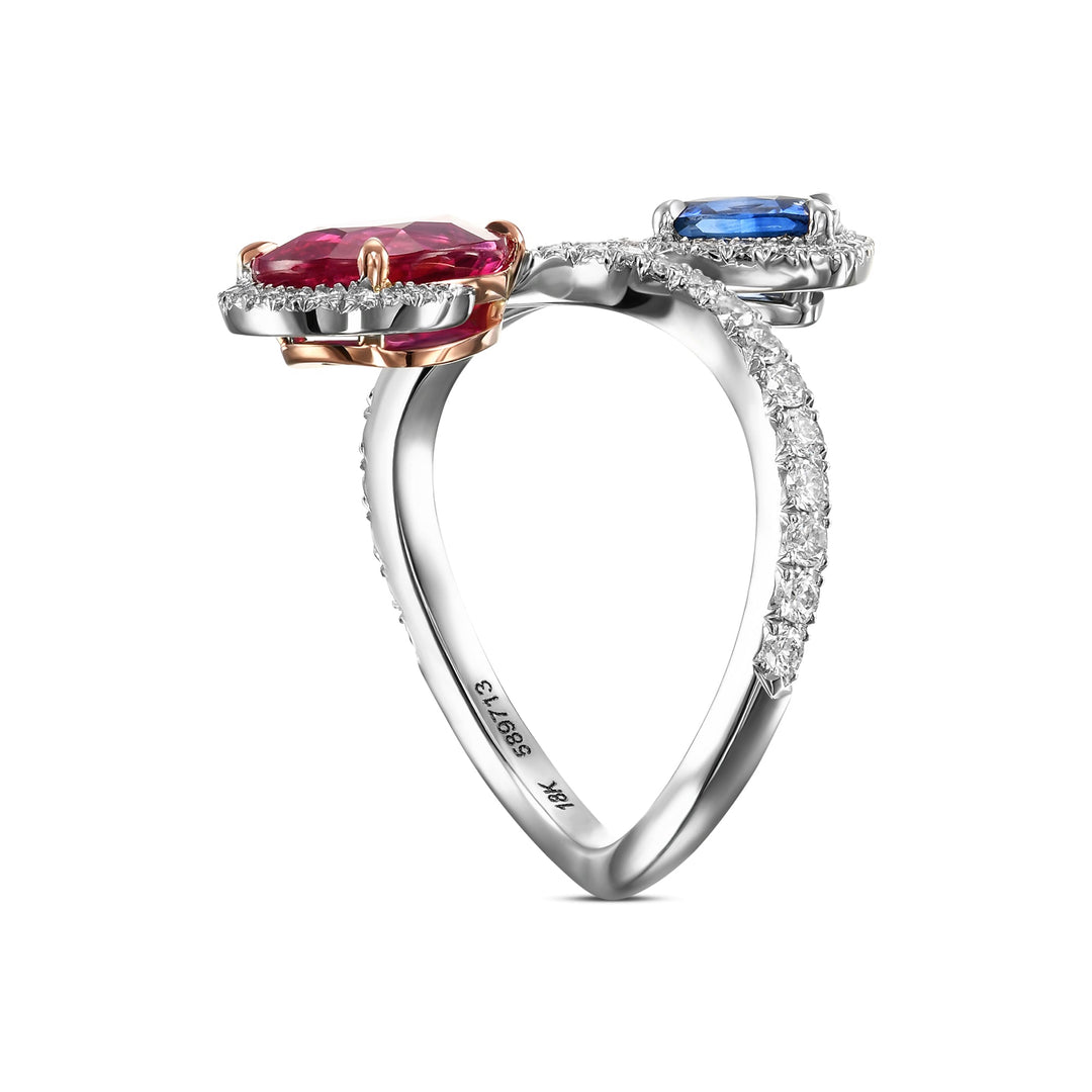 Ruby, Blue Sapphire and Diamond Two-stone Crossover Ring