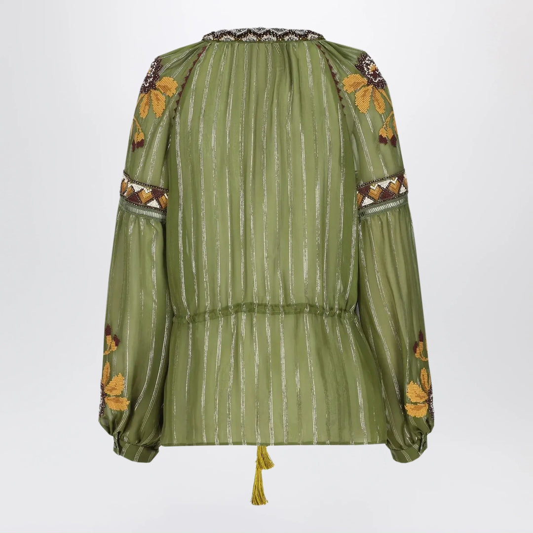 Valentino - Embroidered lurex silk shirt green camou Brand Shirts &amp; Tops