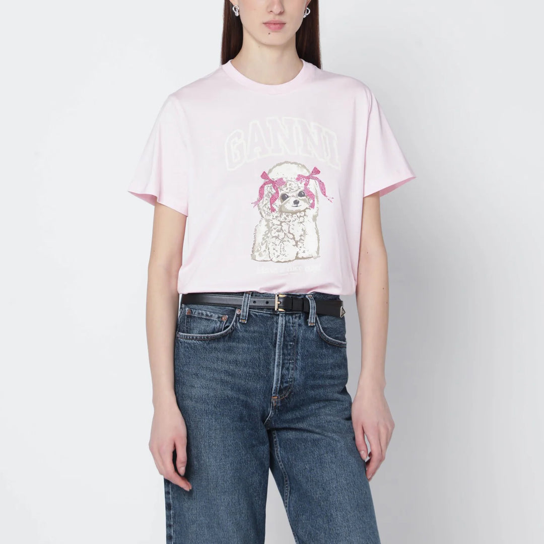 GANNI - Light pink T-shirt with logo print