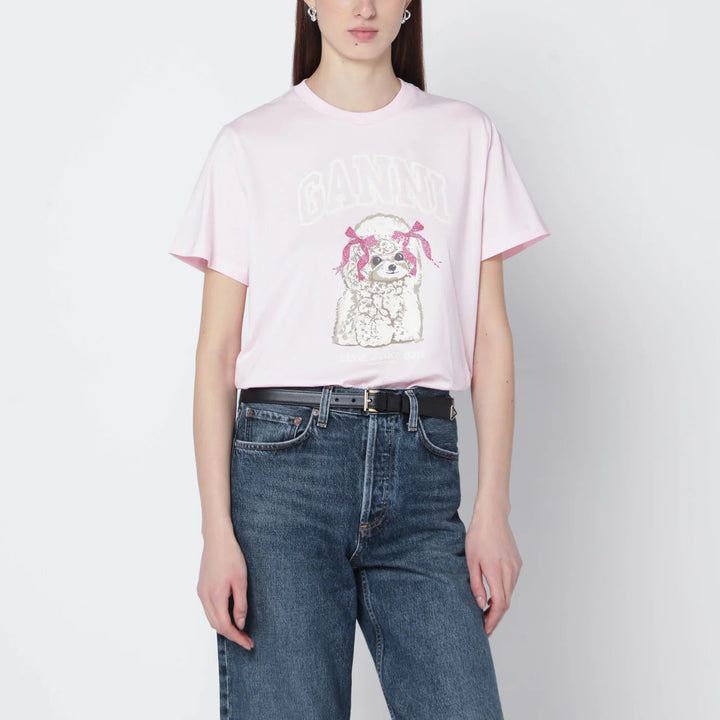 GANNI - Light pink T-shirt with logo print