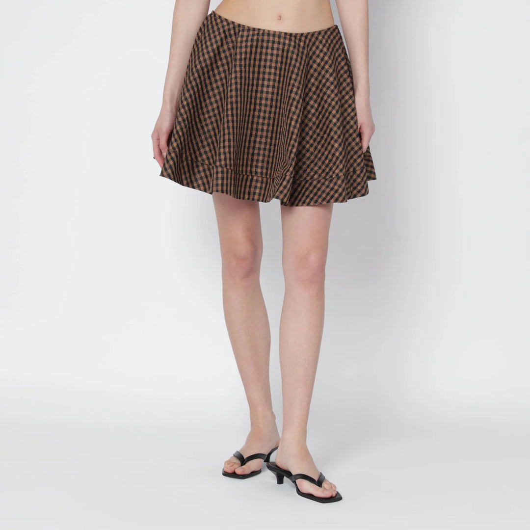 GANNI - Brown/black gingham flared mini skirt