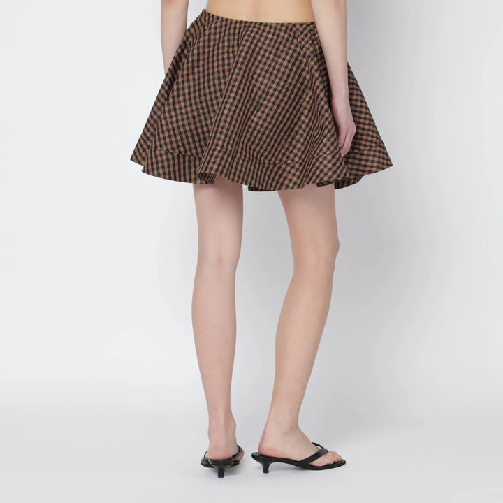 GANNI - Brown/black gingham flared mini skirt