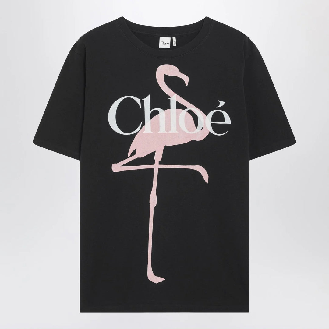 Chloé - Black oversized T-shirt with logo and flamingo print