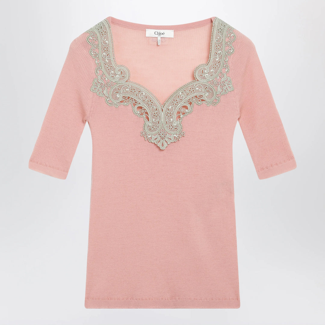 Chloé - Fitted elbow-sleeve ribbed wool sweater with lace trim in pink