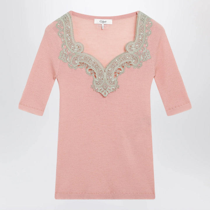 Chloé - Fitted elbow-sleeve ribbed wool sweater with lace trim in pink