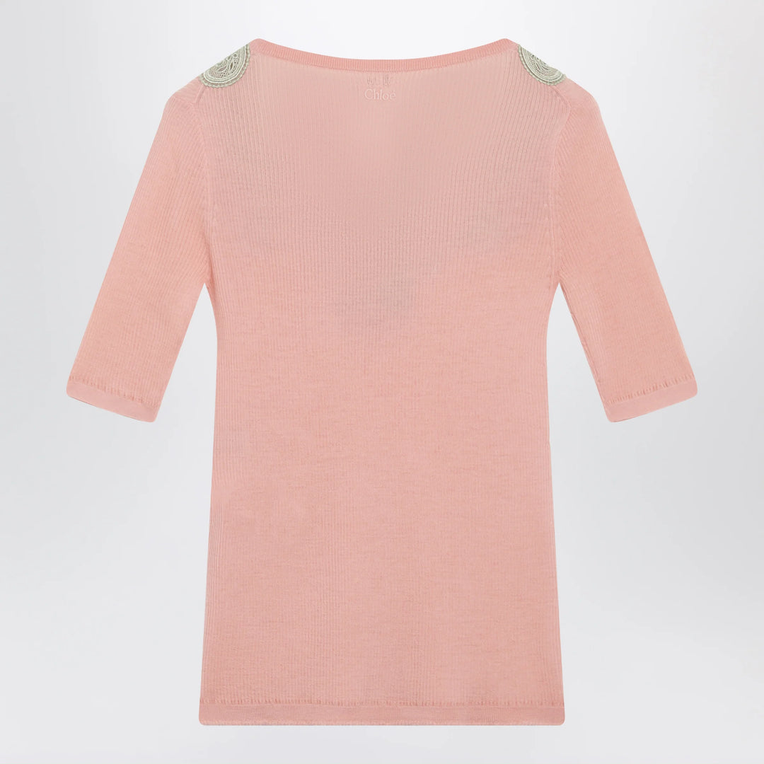 Chloé - Fitted elbow-sleeve ribbed wool sweater with lace trim in pink