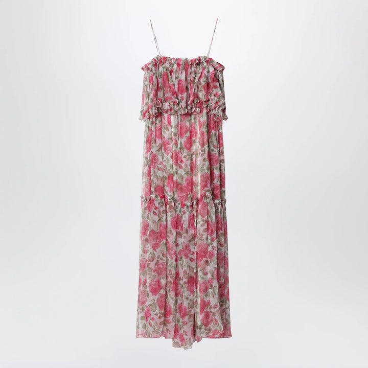 Chloé - Long silk muslin dress with rose print, white/pink