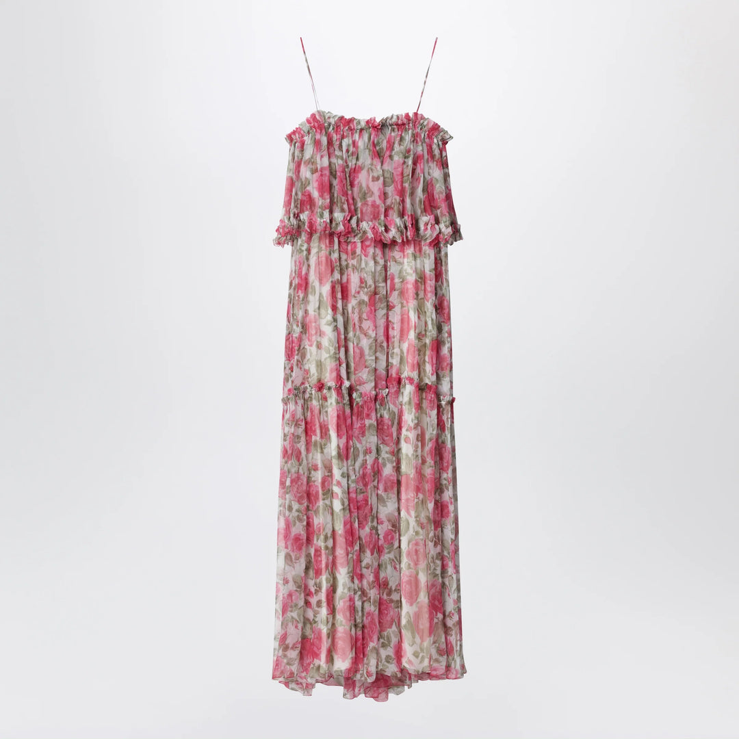Chloé - Long silk muslin dress with rose print, white/pink