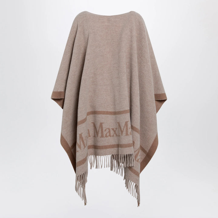Max Mara - Jacquard poncho with fringes in sand-colored wool