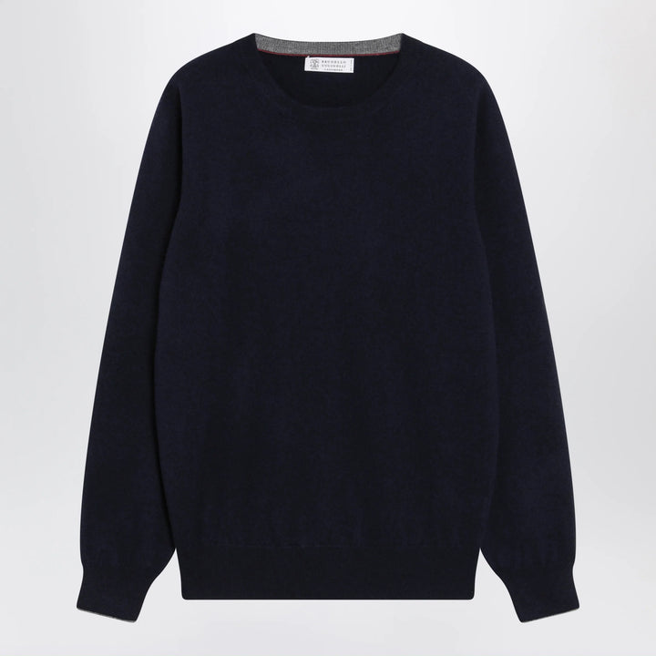 Brunello Cucinelli - Navy blue cashmere crewneck sweater with contrast trim