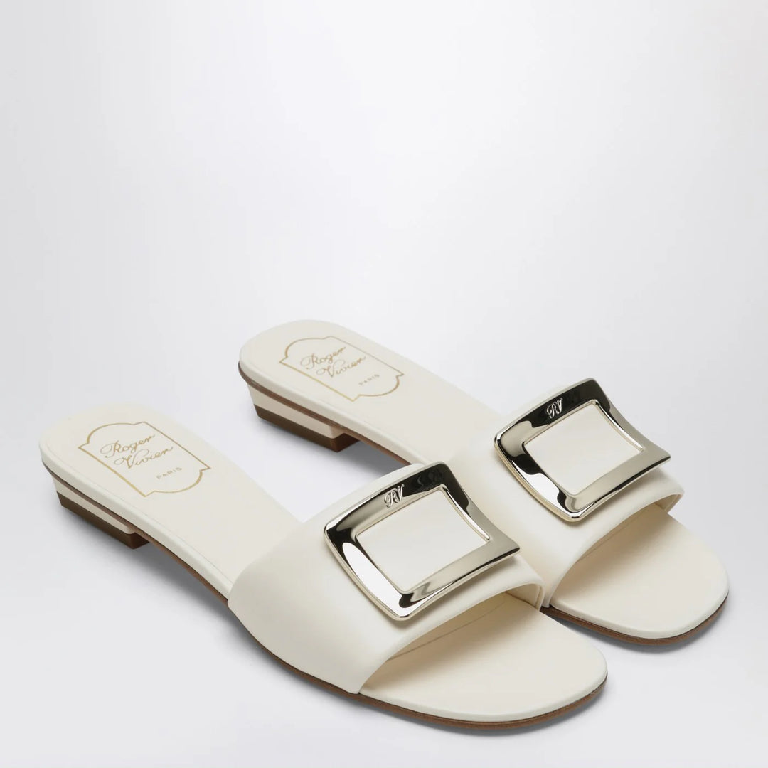 ROGER VIVIER - Square buckle leather slides white