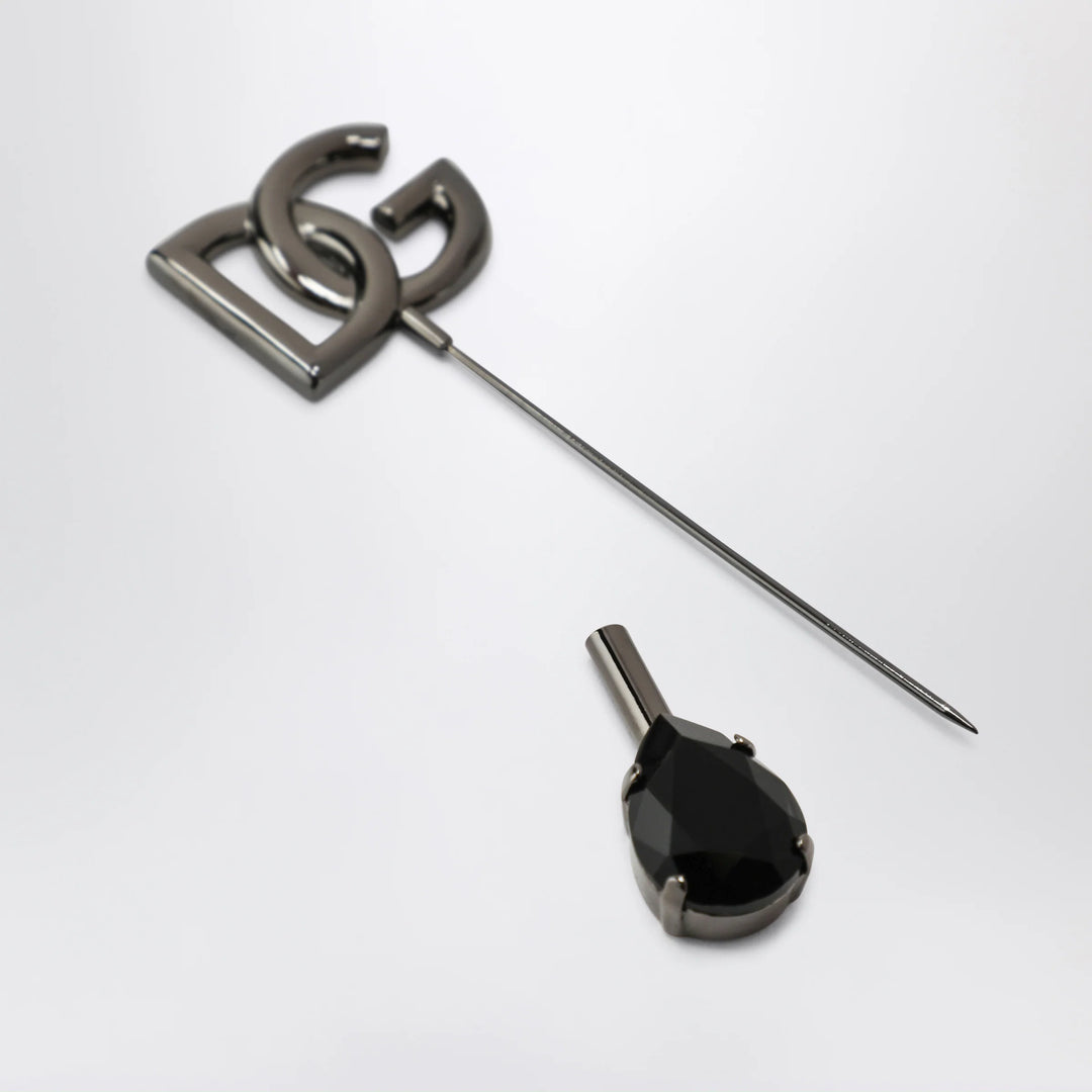 Dolce&amp;Gabbana - DG logo brooch with crystals in brass, ruthenium