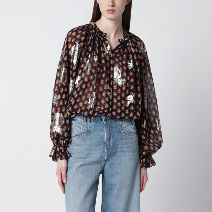 ETRO - Black silk shirt with fil coupé roses
