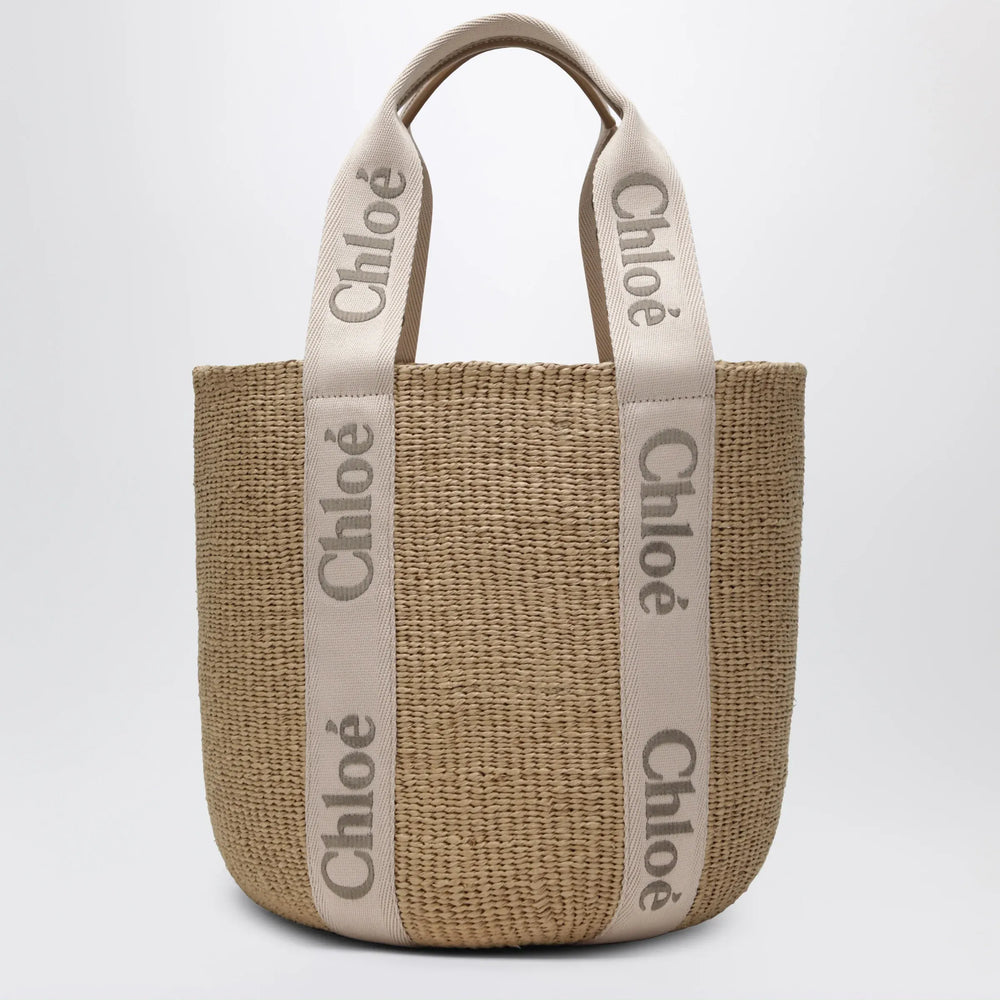 Chloé - Large Woody basket bag in paper and calfskin beige Brand Apparel & Accessories TU