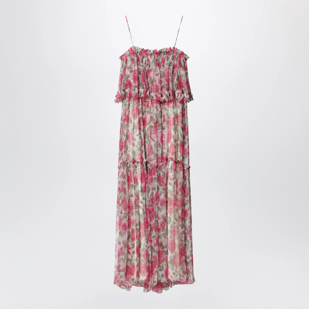 Chloé - Long silk muslin dress with rose print, white/pink Brand Apparel &amp; Accessories 38  FR
