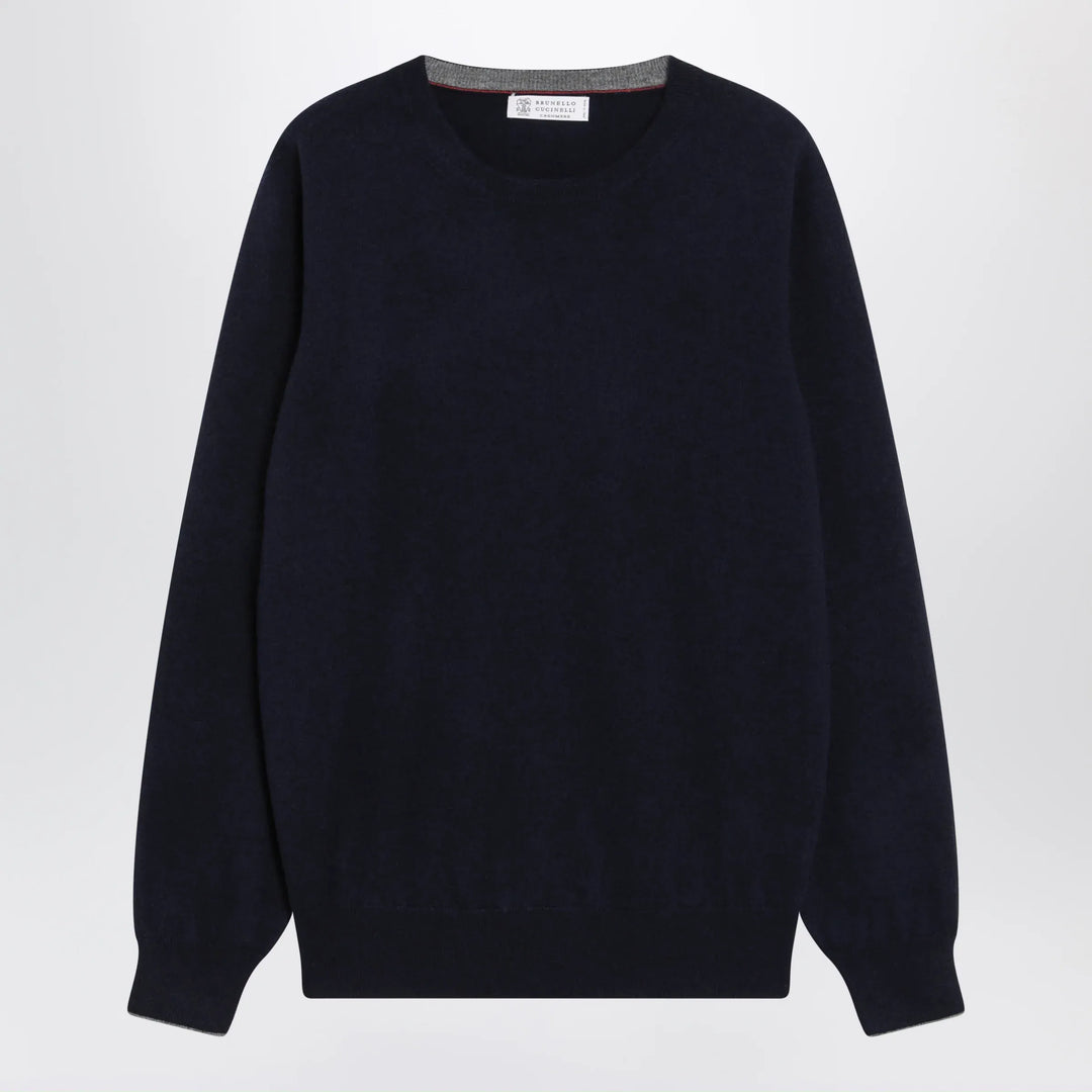 Brunello Cucinelli - Navy blue cashmere crewneck sweater with contrast trim Brand Apparel &amp; Accessories > Clothing > Shirts &amp; Tops 48 IT
