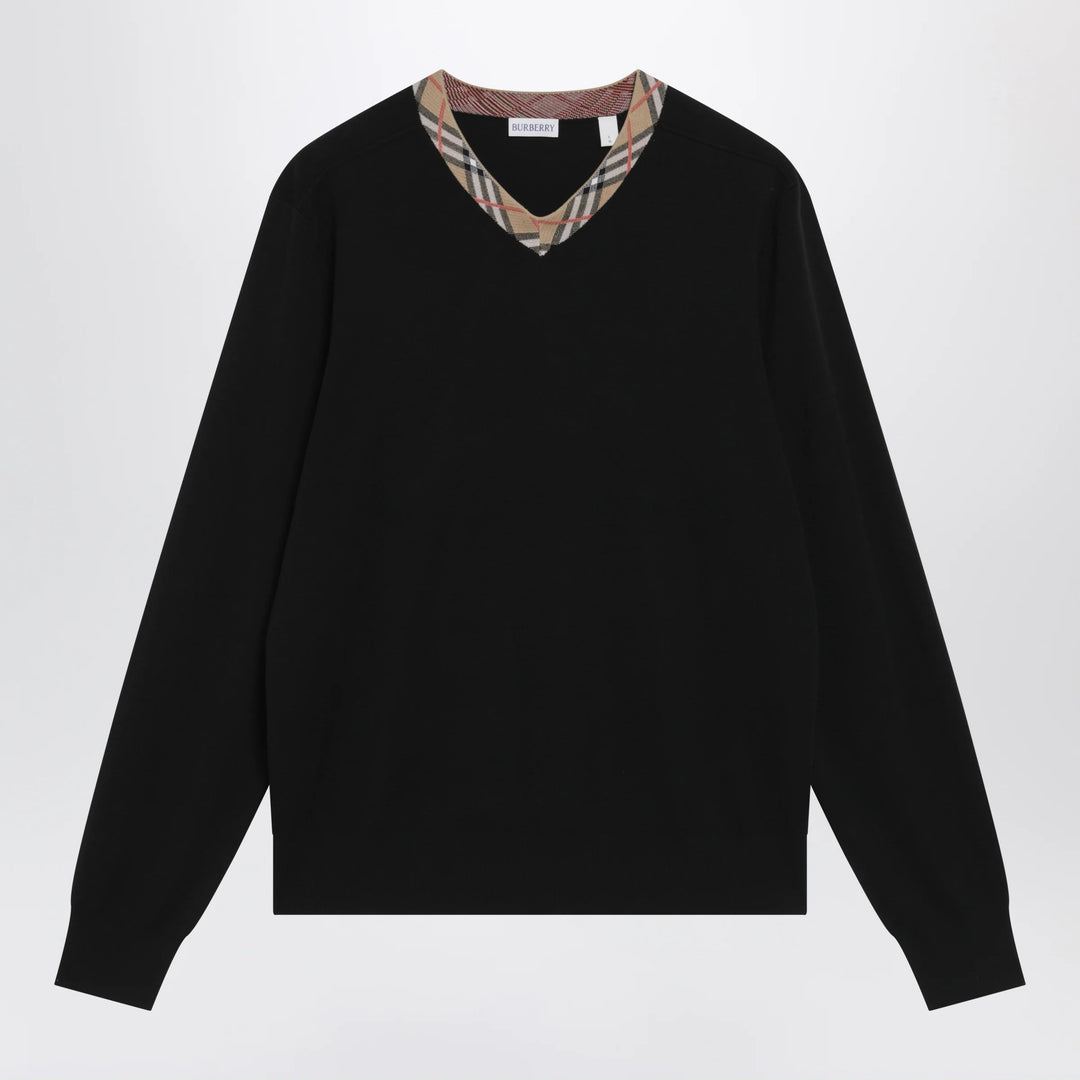 Burberry - Black wool sweater with Check motif neckline Brand Apparel &amp; Accessories > Clothing > Shirts &amp; Tops S