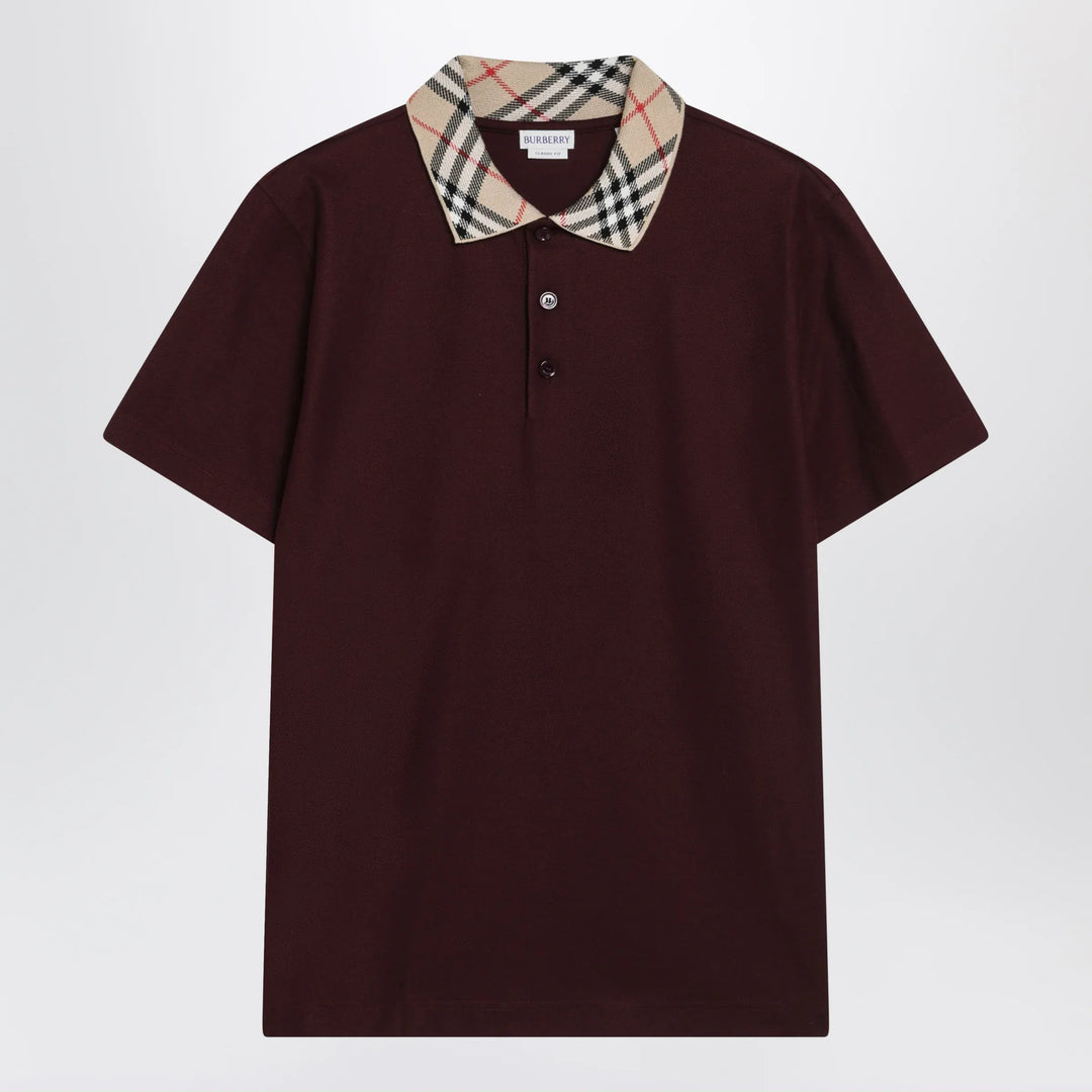 Burberry - Cotton polo shirt with Check collar in vineyard red Brand Apparel &amp; Accessories > Clothing > Shirts &amp; Tops