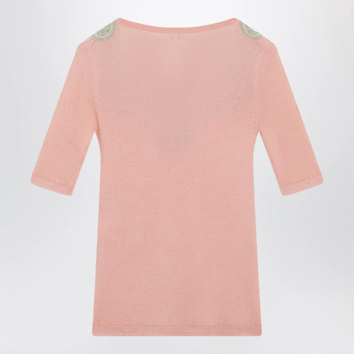 Chloé - Fitted elbow-sleeve ribbed wool sweater with lace trim in pink Brand Apparel &amp; Accessories > Clothing > Shirts &amp; Tops
