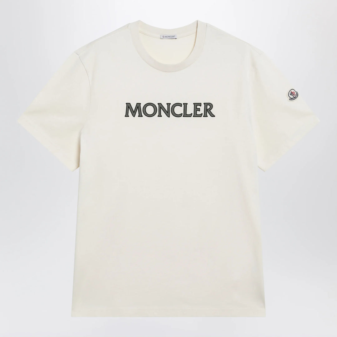 Moncler - Ivory T-shirt with logo print Brand Apparel & Accessories > Clothing > Shirts & Tops M