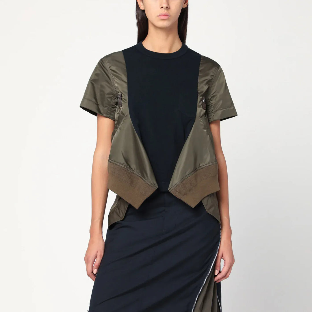 Sacai - Navy/kaki cotton and nylon T-shirt Brand Apparel &amp; Accessories > Clothing > Shirts &amp; Tops 2