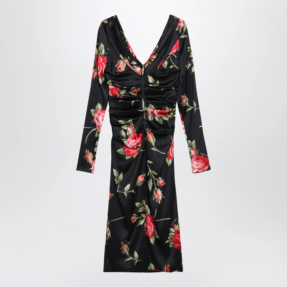 Dolce&Gabbana - Draped satin dress with Bouquet rose print in black Brand Apparel & Accessories