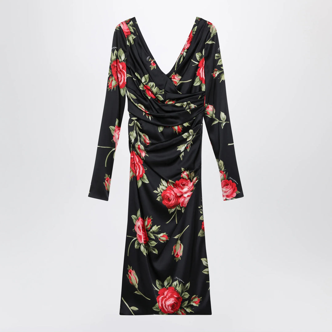 Dolce&Gabbana - Draped satin dress with Bouquet rose print in black Brand Apparel & Accessories 42  IT