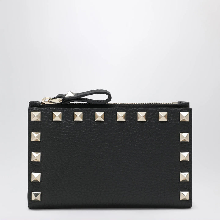 Valentino Garavani - Black Leather Rockstud Zip Card Holder Brand Apparel &amp; Accessories U