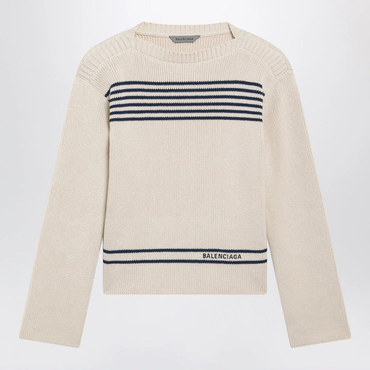 Balenciaga - Boat-neck ribbed cotton sweater in navy/white Brand XS