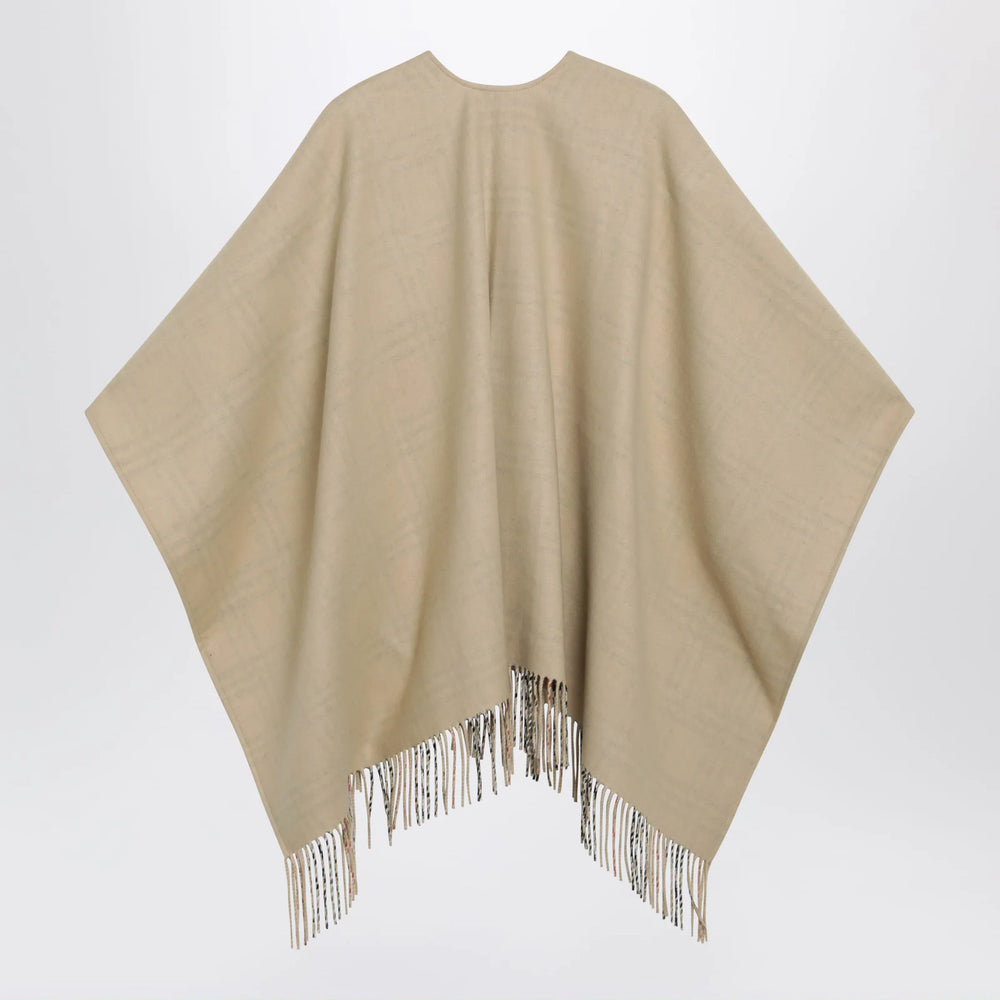 Burberry - Reversible wool check cape with fringes in sand beige Brand Cape U