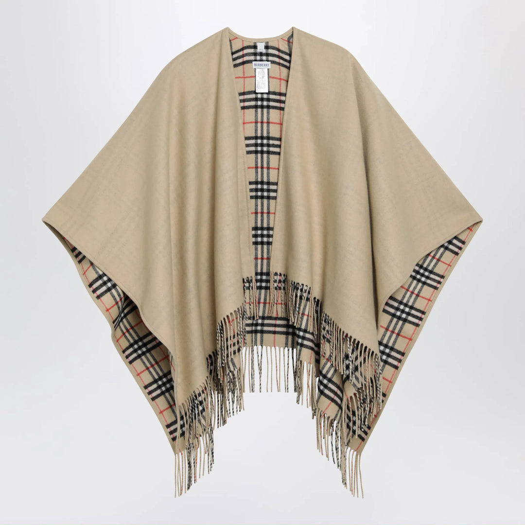 Burberry - Reversible wool check cape with fringes in sand beige Brand Cape U