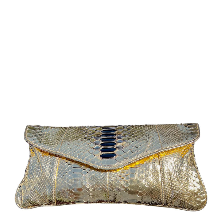 Italian Luxury Group Clutch Metallic Gold Python Clutch With Onix And Grey Mother Pearl Decoration Brand