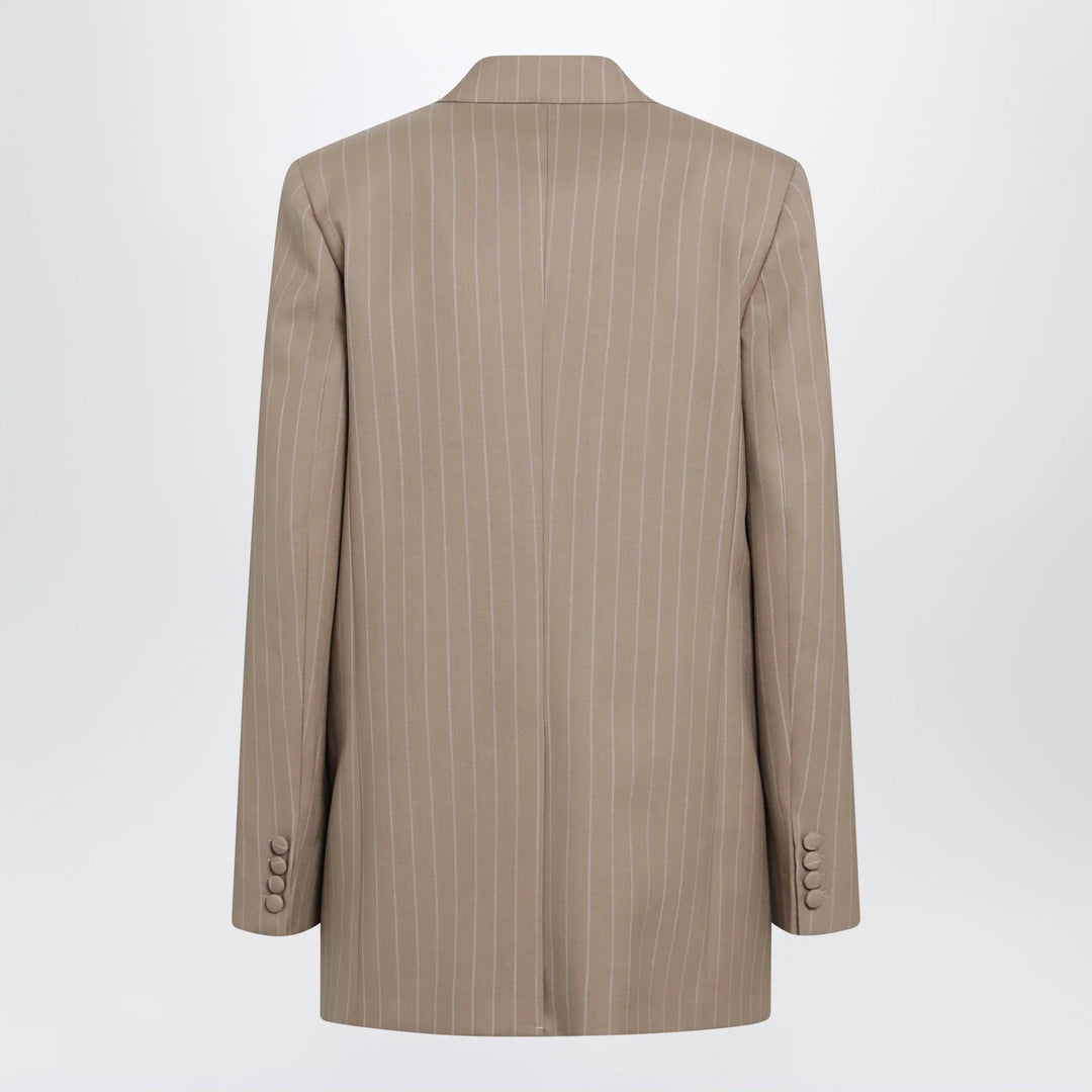 Valentino - Double-Breasted Pinstripe Jacket in Mud/Ivory Virgin Wool Brand Coats &amp; Jackets