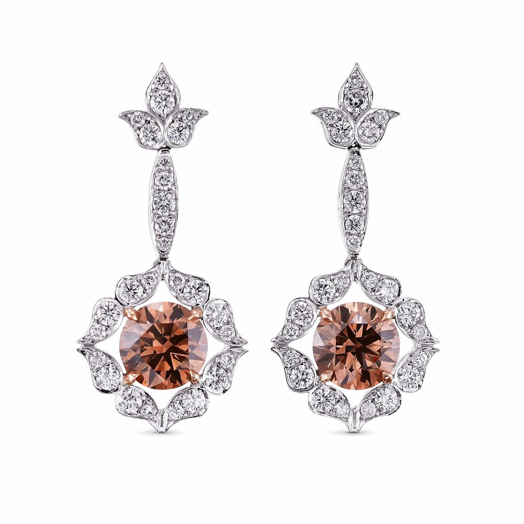 18K White and Rose Gold Fancy Brown Drop Halo Earrings Brand Earrings