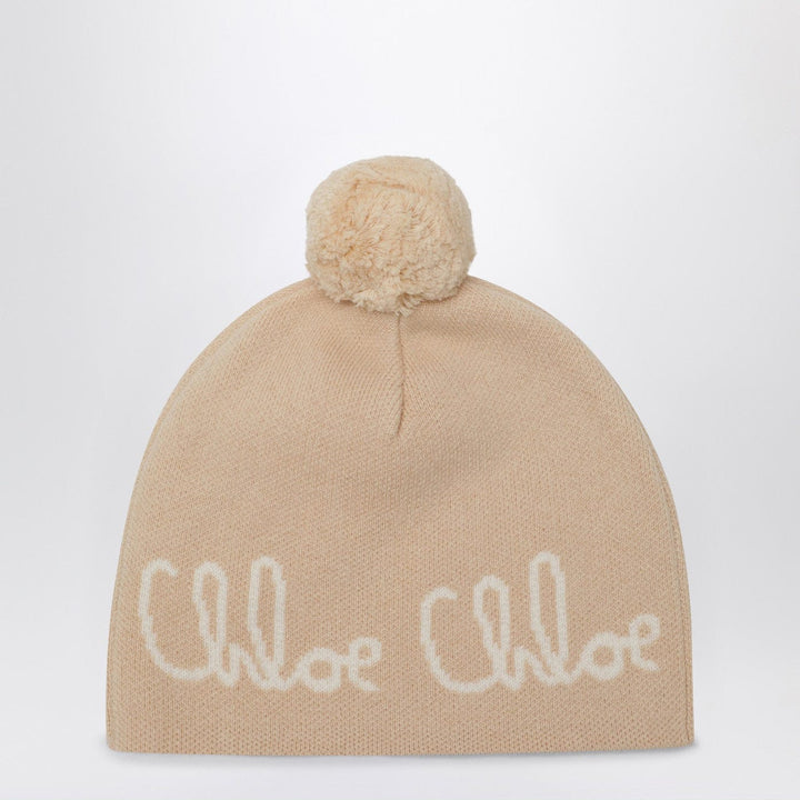 Hats Chloé - Beige pom-pom beanie with logo Brand