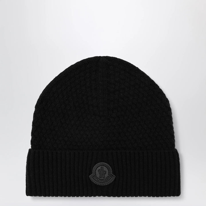 Moncler - Black wool beanie with logo patch Brand Hats U