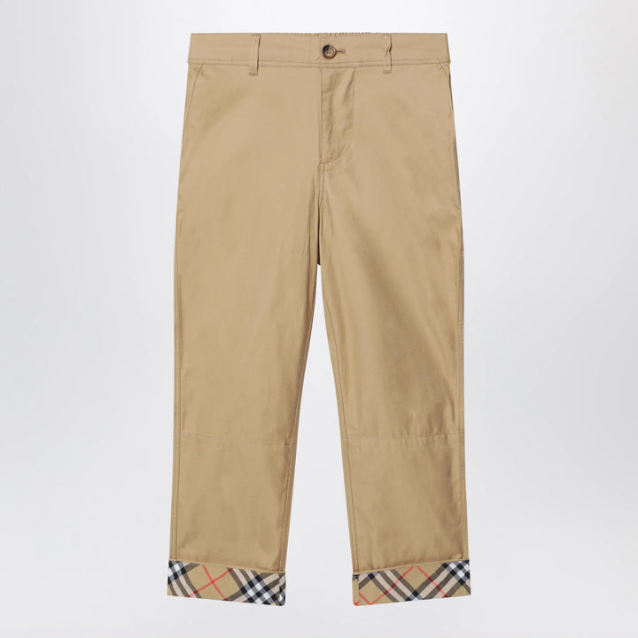 Burberry - Beige cuffed trousers with Check motif Brand Pants 8Y