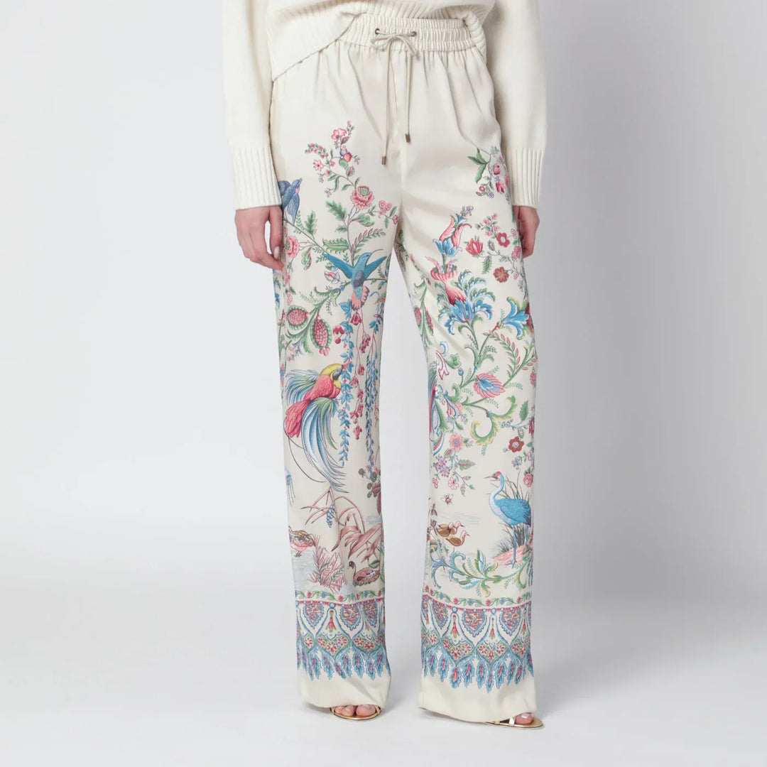 ETRO - White wide-leg trousers with floral print Brand Pants 40  IT