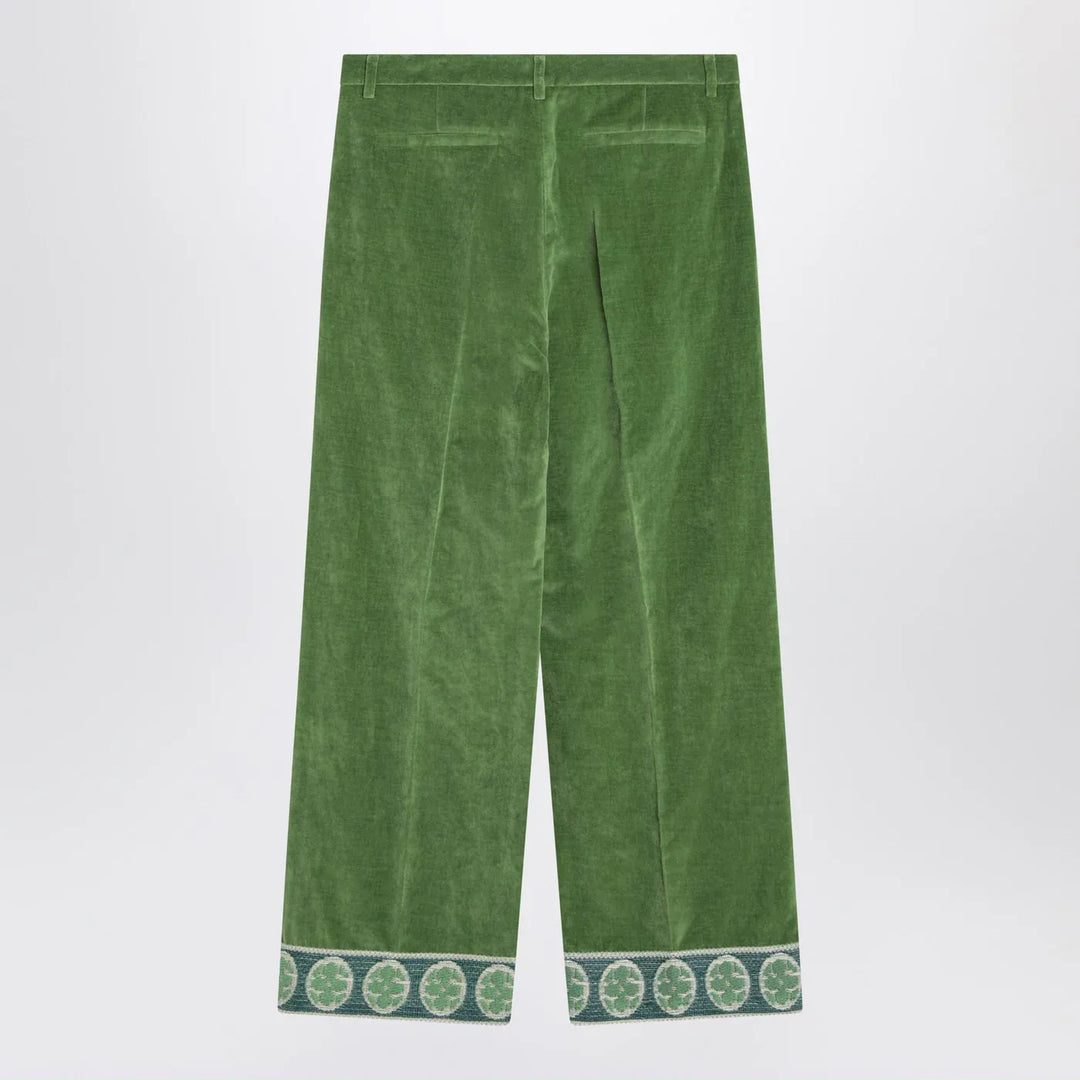 Valentino - Green velvet trousers with jacquard hem Brand Pants