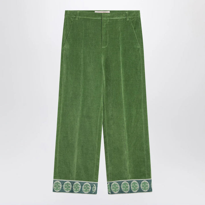 Valentino - Green velvet trousers with jacquard hem Brand Pants 46 IT