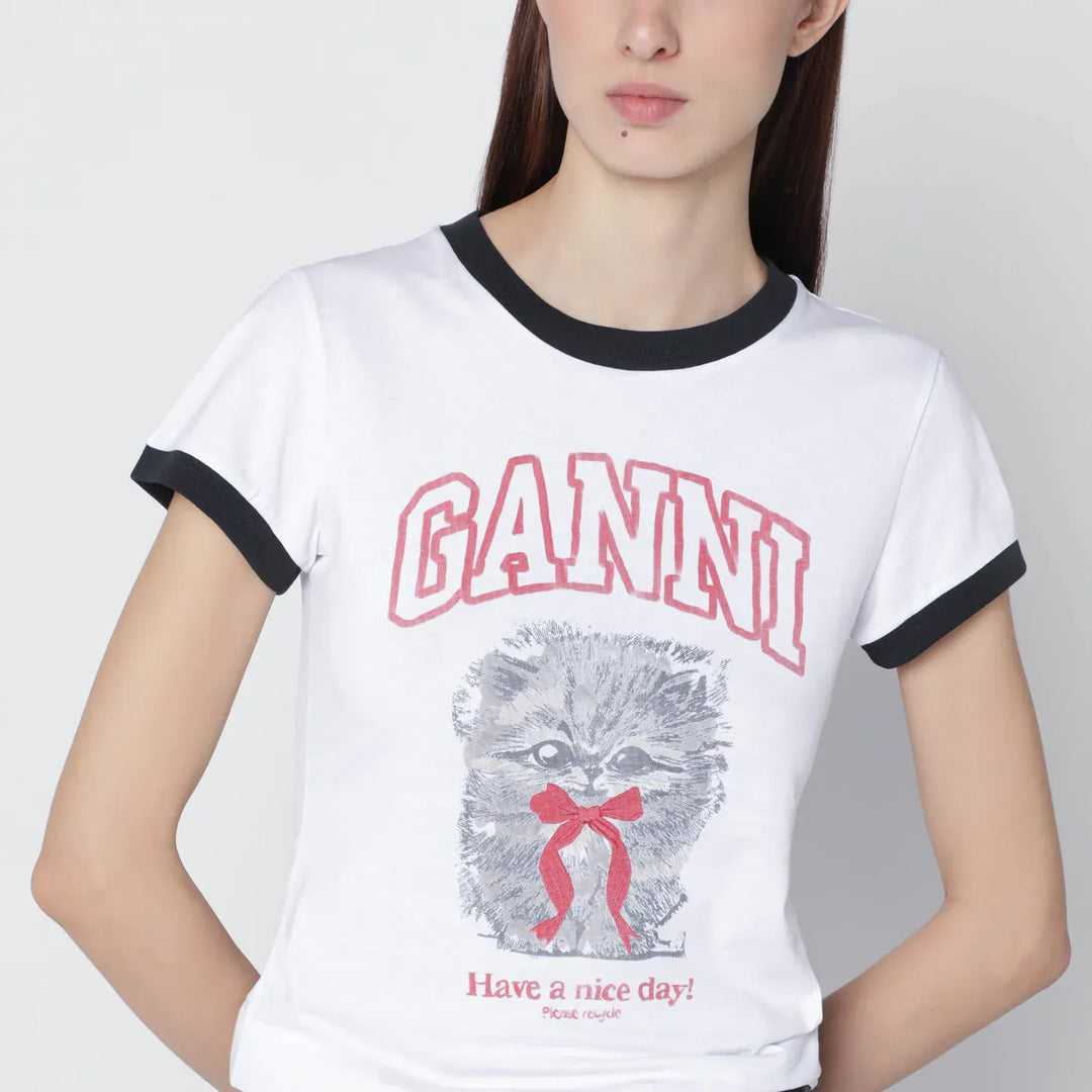 GANNI - White cropped T-shirt with logo print Brand Shirts &amp; Tops