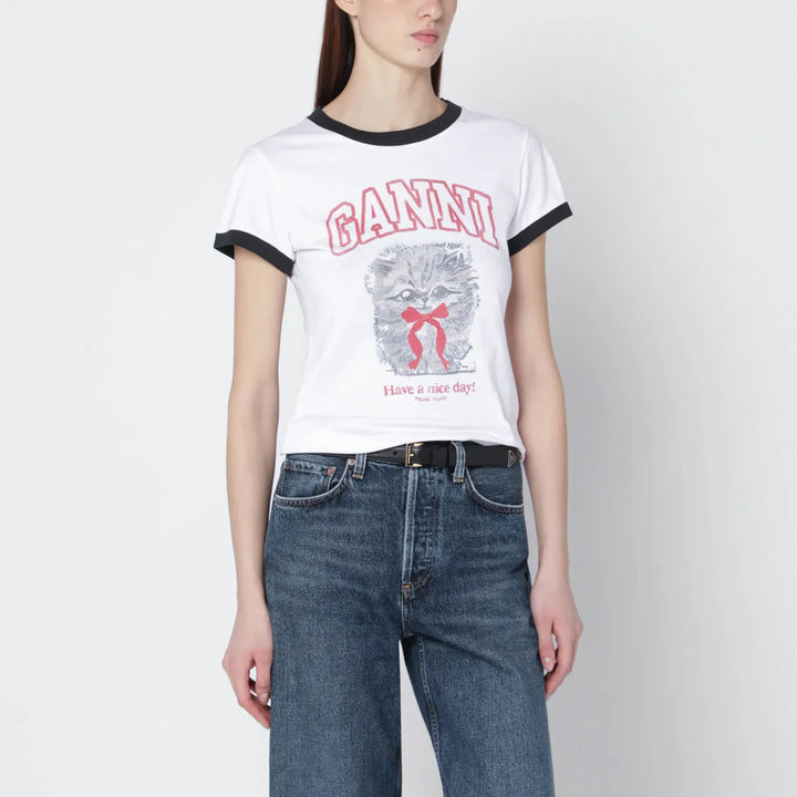 GANNI - White cropped T-shirt with logo print Brand Shirts &amp; Tops S