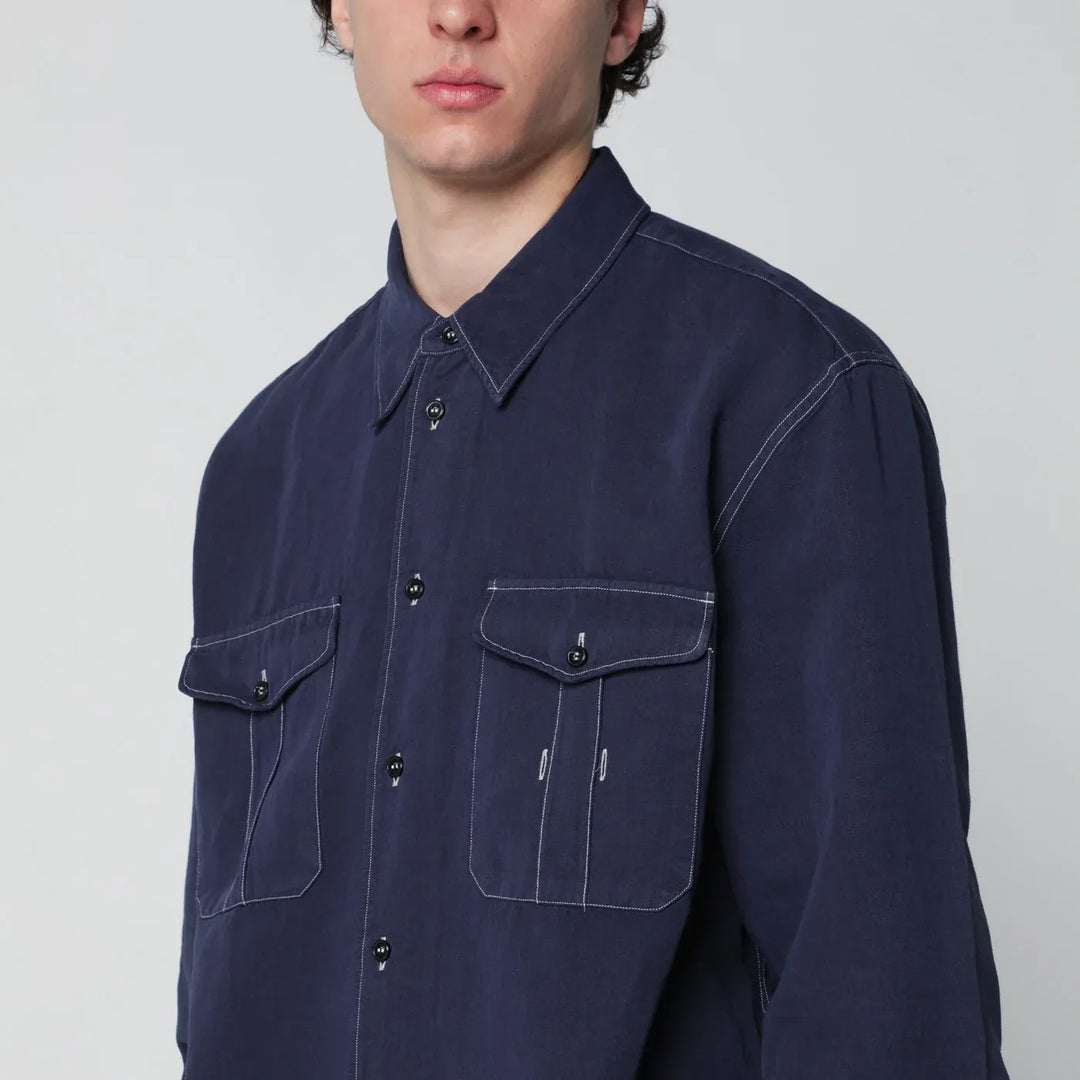 STUDIO NICHOLSON - Louro shirt indigo blue in cotton and linen Brand Shirts &amp; Tops