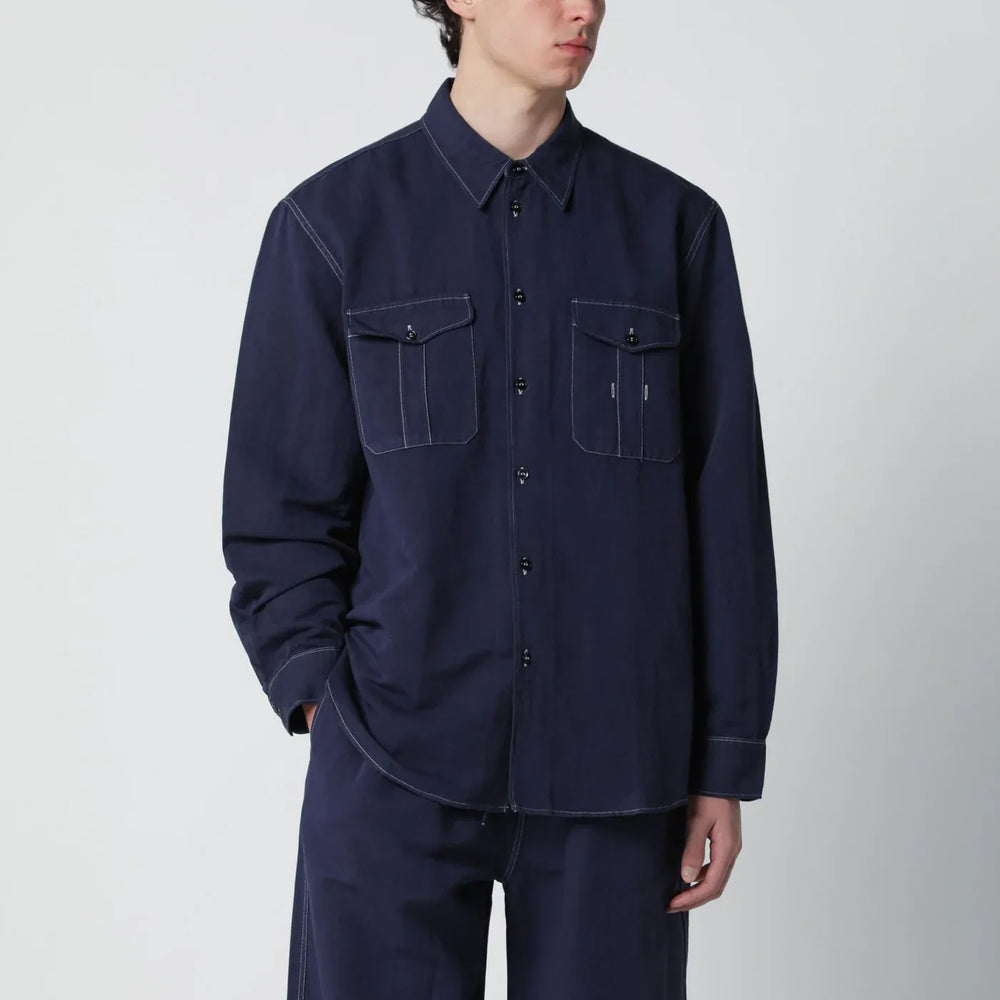 STUDIO NICHOLSON - Louro shirt indigo blue in cotton and linen Brand Shirts & Tops L